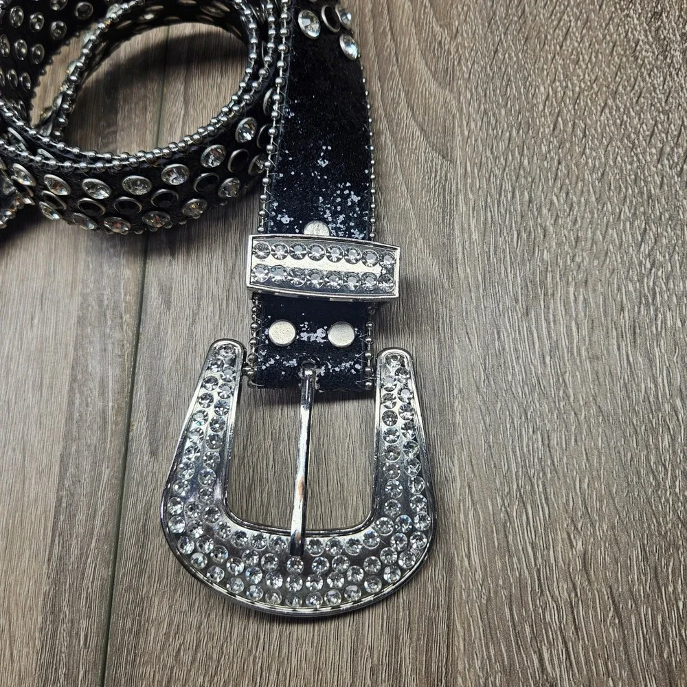 Black Rhinestone Western Belt Silver Studded Glitter Strap Crystal Buckle Sz 32
